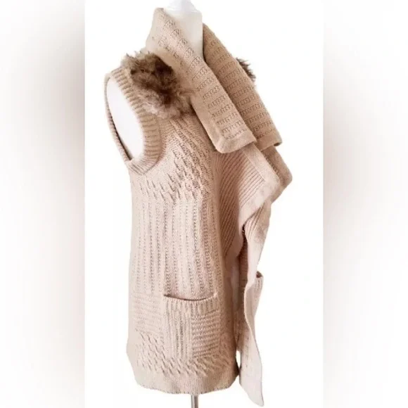 ANN TAYLOR Chunky Tan Fur Shoulder Long Oversized Sweater Vest Size XXS - Picture 4 of 12